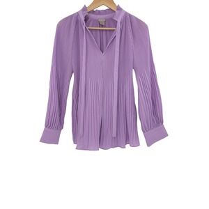 Chicos Purple Pleated Blouse Long Sleeve V Neck Tie Women's Size 1P Office Fairy